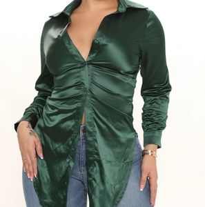 Run This Show Satin Shirt - Hunter